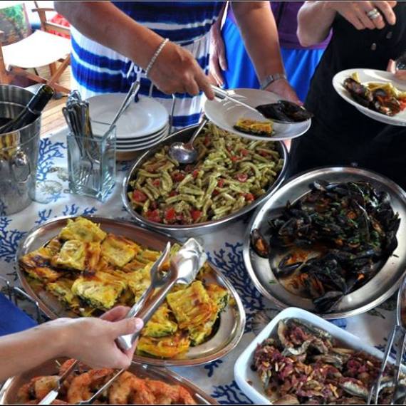 a group of people sitting at a table with a plate of food
