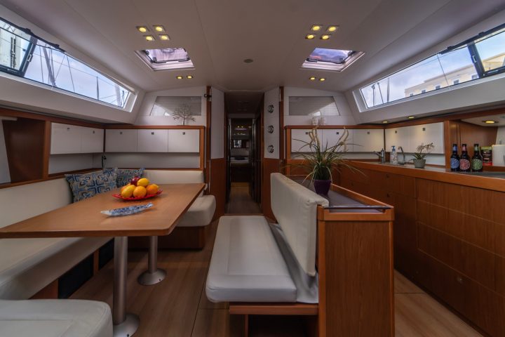 a kitchen with a table in a room