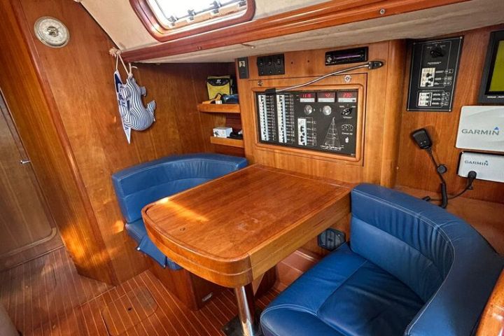 a blue chair in a room