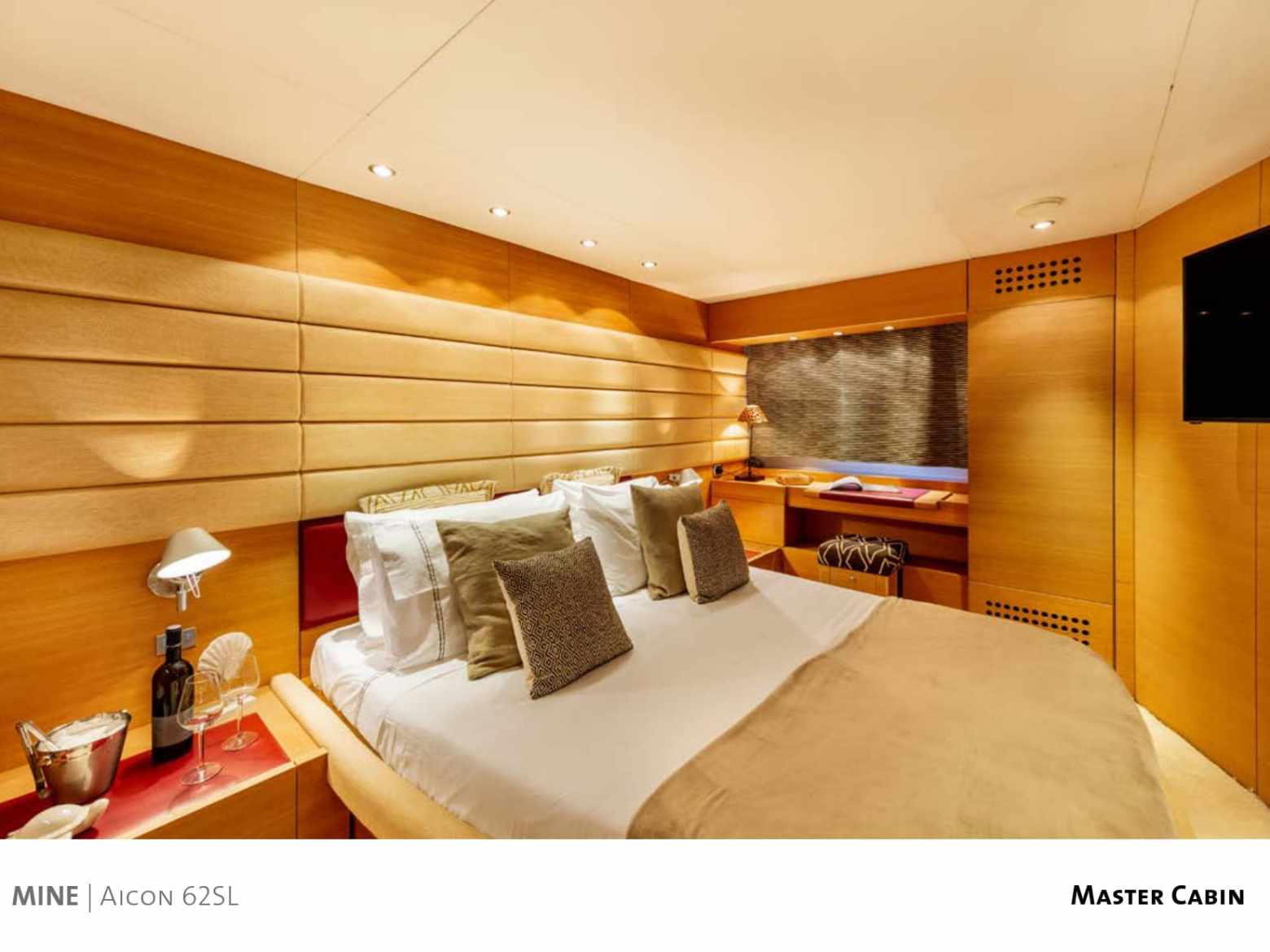 a bedroom with a bed and a table in a room