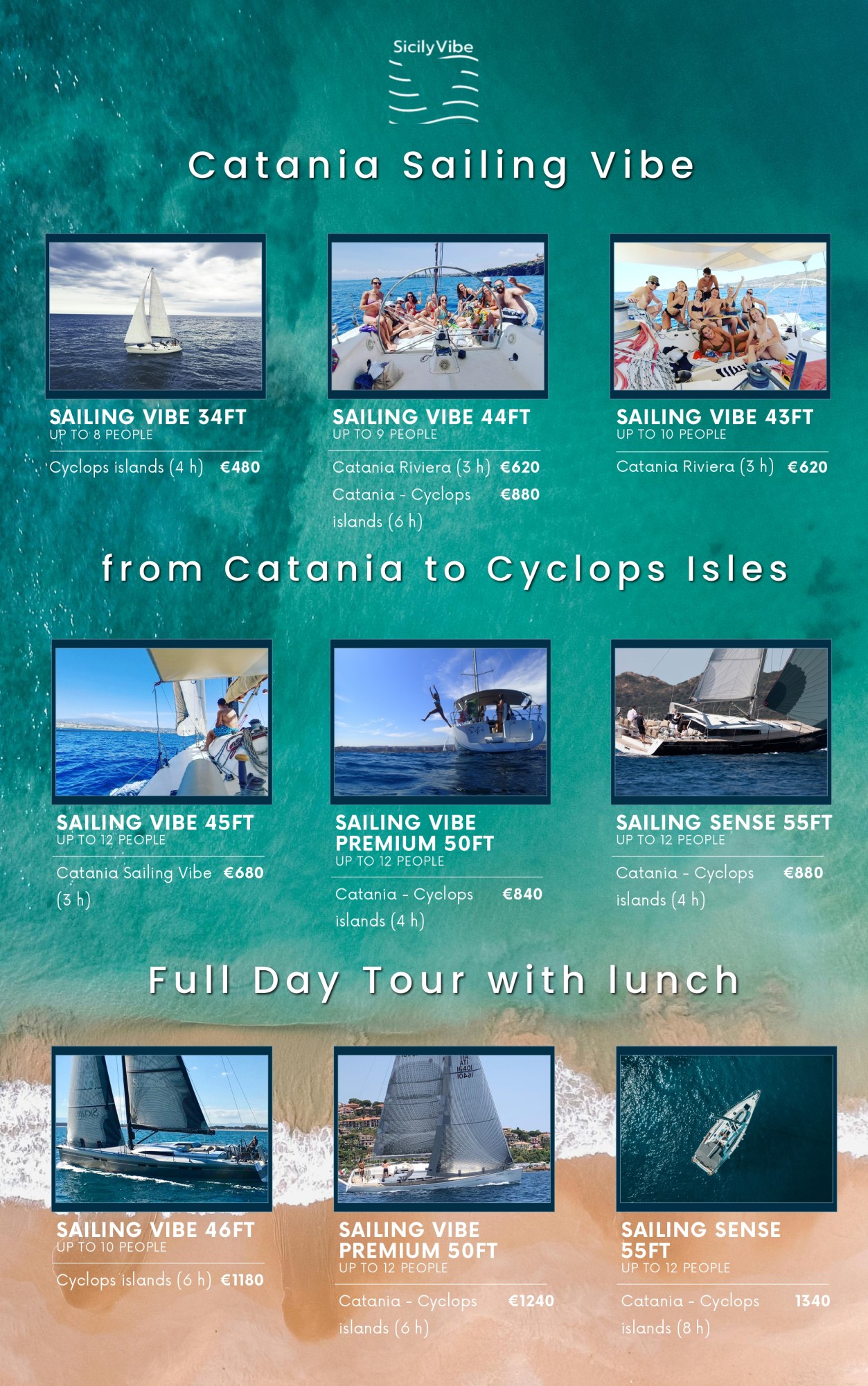 Sailing tours from Catania to Cyclops Isles with images of boats and prices listed.