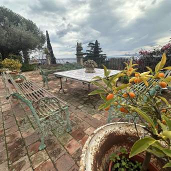 Rusted iron benches and table on a brick patio with small orange tree and cloudy sky.