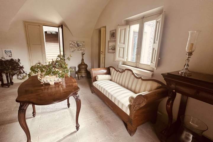 Vintage room with patterned couch, wooden table, plants, and open windows.
