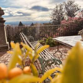 Sunny patio with metal bench, tiled table, and plants, overlooking landscape with trees and distant view.