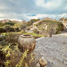 Stone path and large pot with rustic house and cloudy sky in background