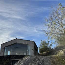 Modern house with large glass windows on hill, surrounded by trees under a partly cloudy sky.