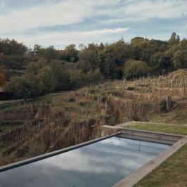 Infinity pool overlooking a vineyard and forested hillside under a partly cloudy sky.