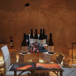 Wine bottles on wooden crates with grapes and open book on a round glass table.