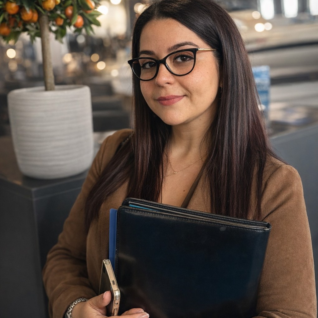 Woman in glasses holding a notepad and phone, standing near a potted plant.
