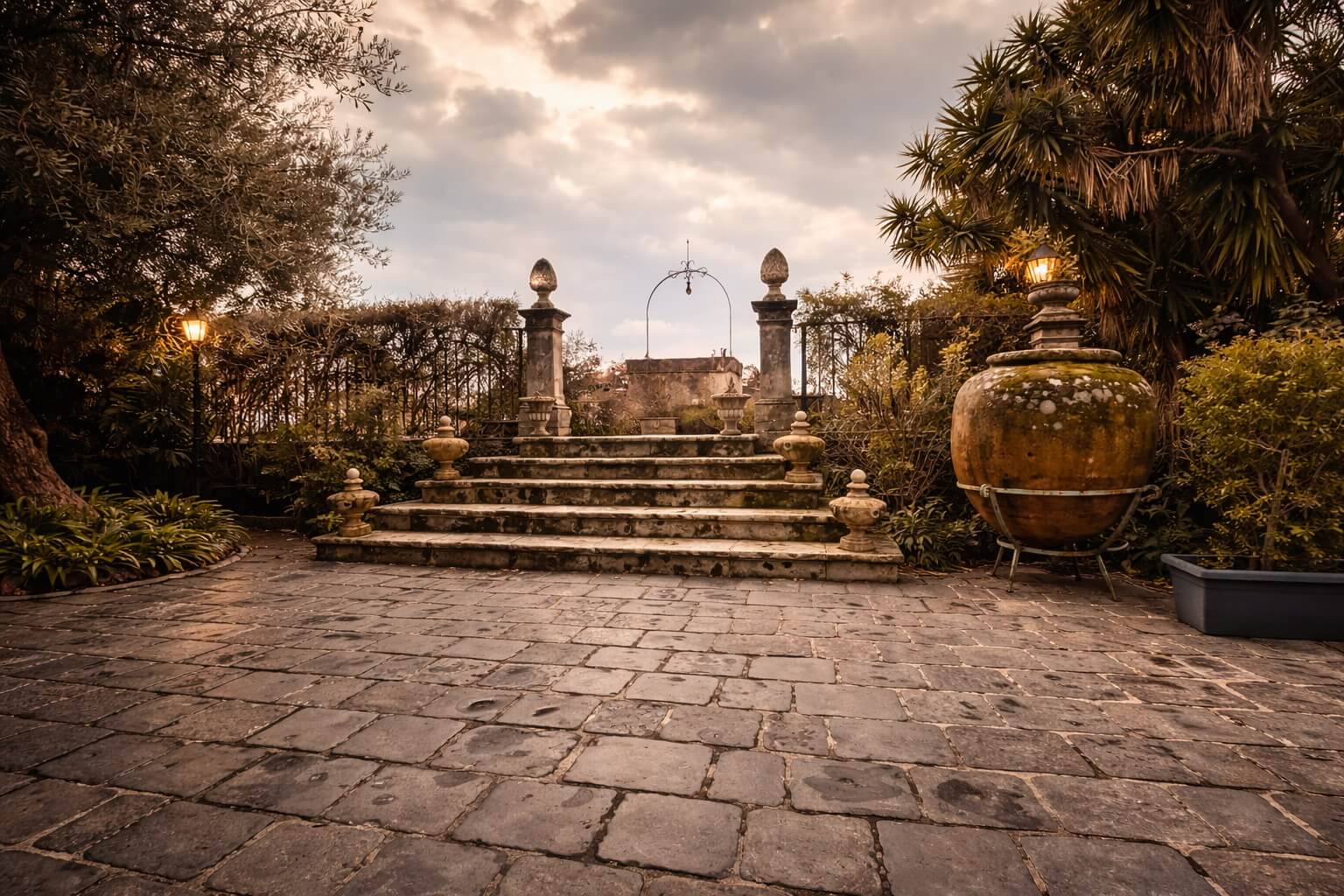 Stone steps lead to a garden with large urns and plants under a cloudy sky.