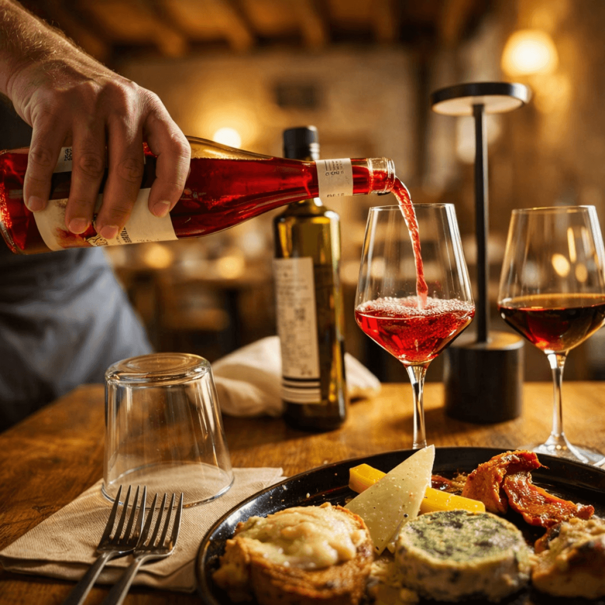 Red wine poured into glass beside plate of appetizers in cozy restaurant.