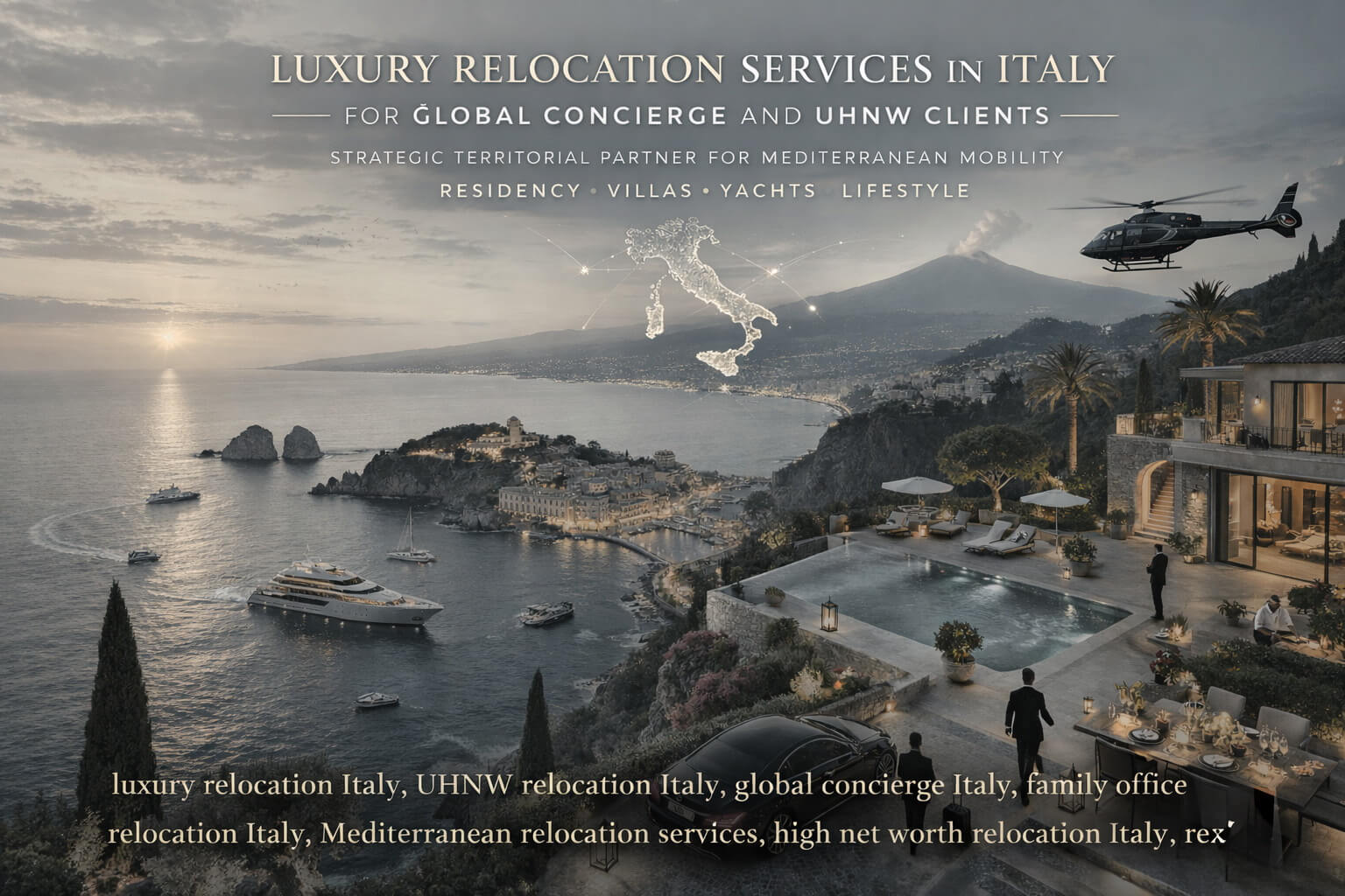 Luxury coast view in Italy with yacht, helicopter, villa, sunset, and text about relocation services.