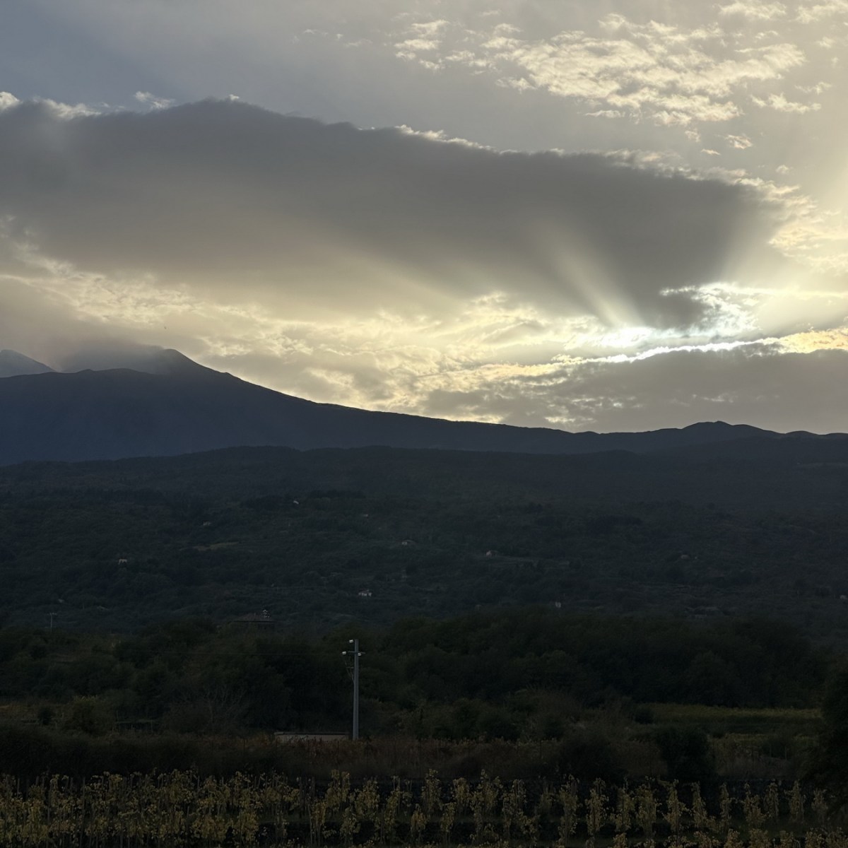 Sunset with beams shining over mountains and fields.