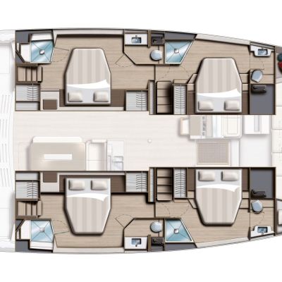 Diagram of a catamaran interior layout with cabins and crew areas.