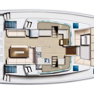 Top view of a yacht interior layout with cabins and seating areas.