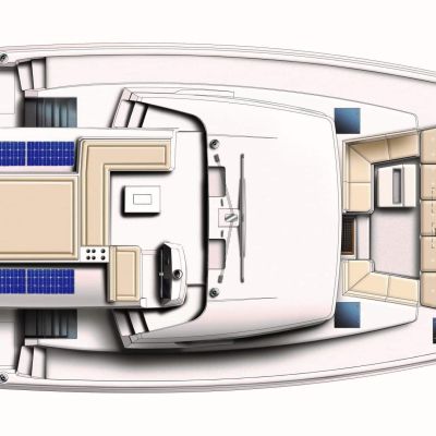 Schematic top view of a catamaran with seating and solar panels.