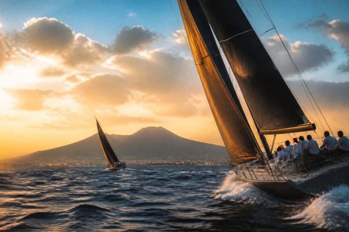 Sailboats on sea at sunset with mountain in background.