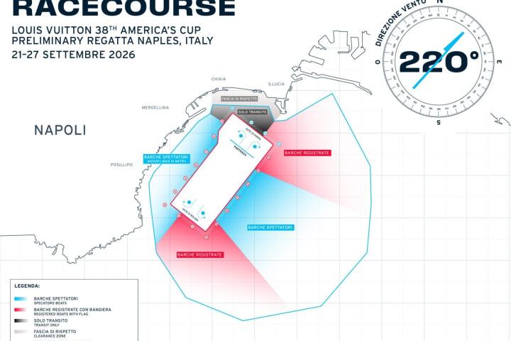 Map of racecourse for America's Cup in Naples, Italy, September 2026, with wind direction indicated.